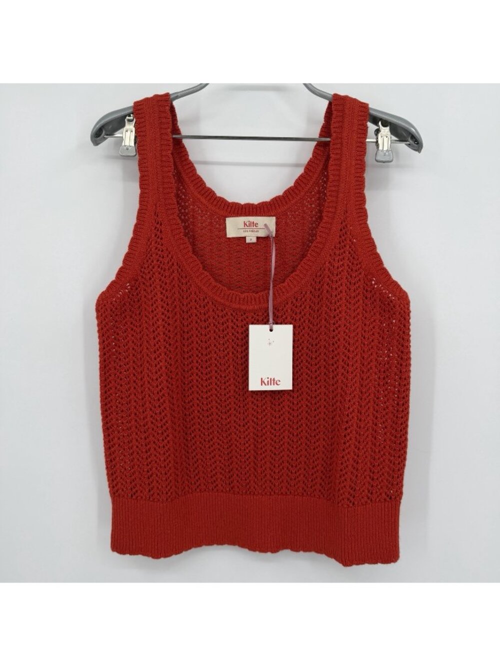 Kilte Collection Hailey Crochet Knit Tank in Cherry Red 3/L-XL Cotton-Cashmere